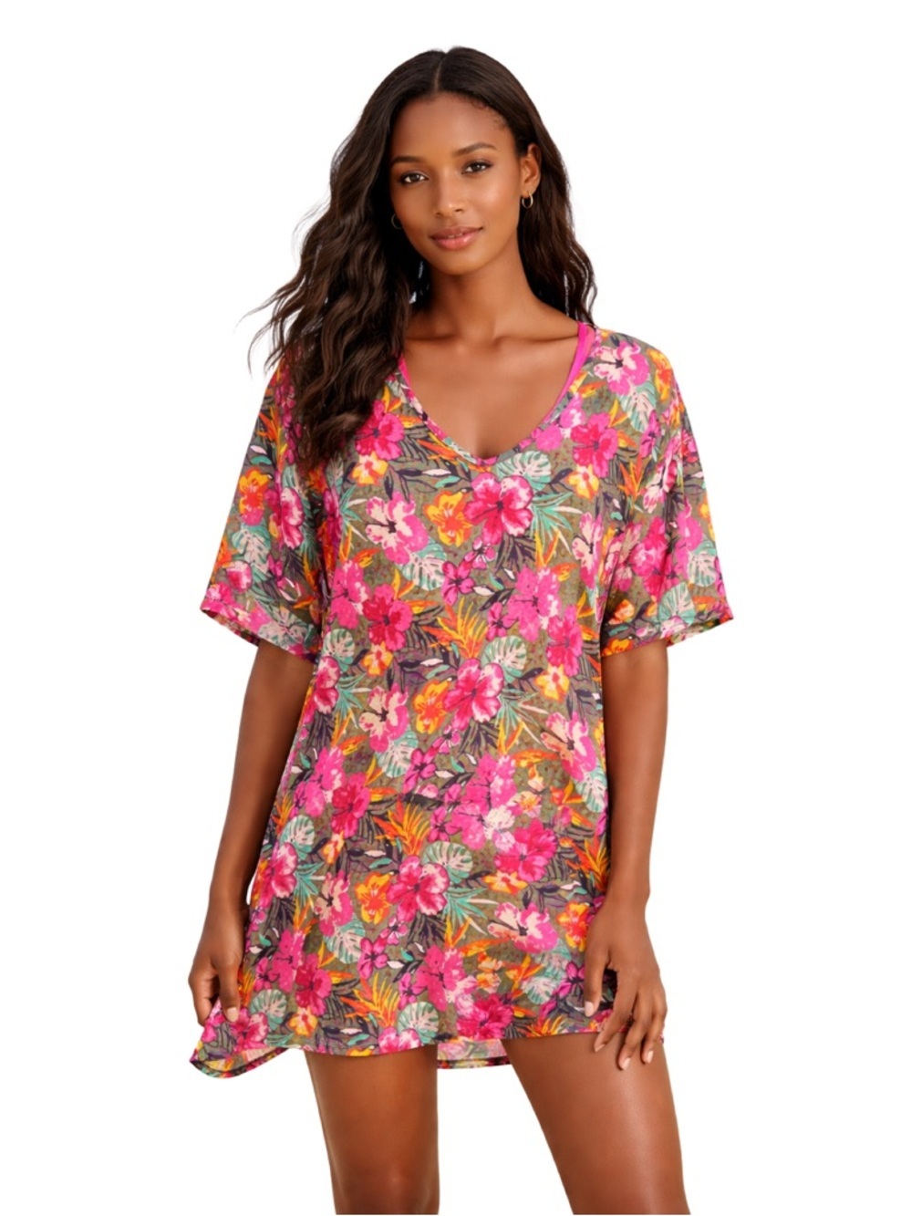 Lascana Tropical Floral Swim Cover-Up Tunic Bright Hibiscus Print Size 8/10